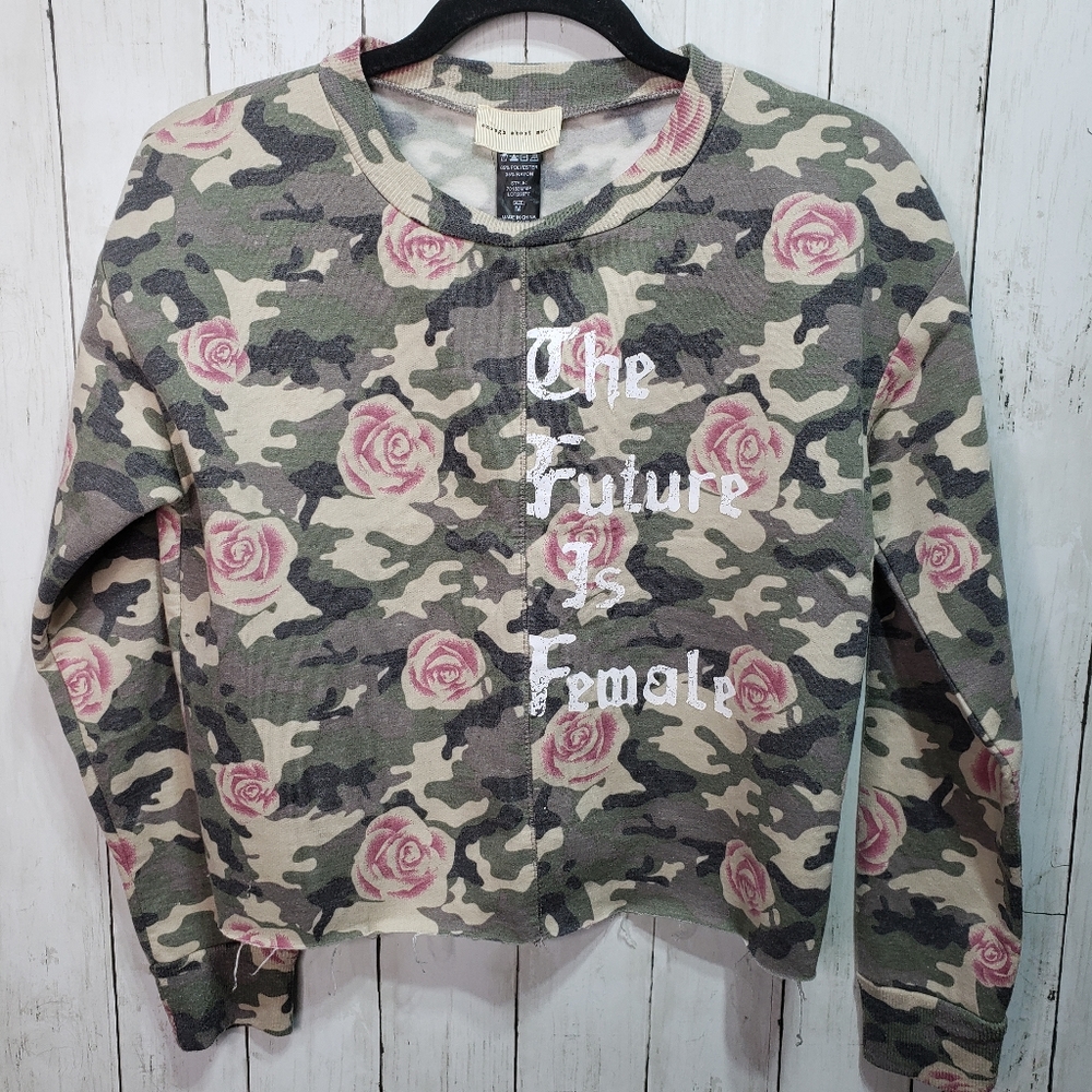 New! Enough About Me Roses Camo Raw Hem Sweatshirt